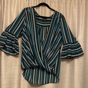 INC International Concepts Black and White Asymmetrical Ruffled Blouse